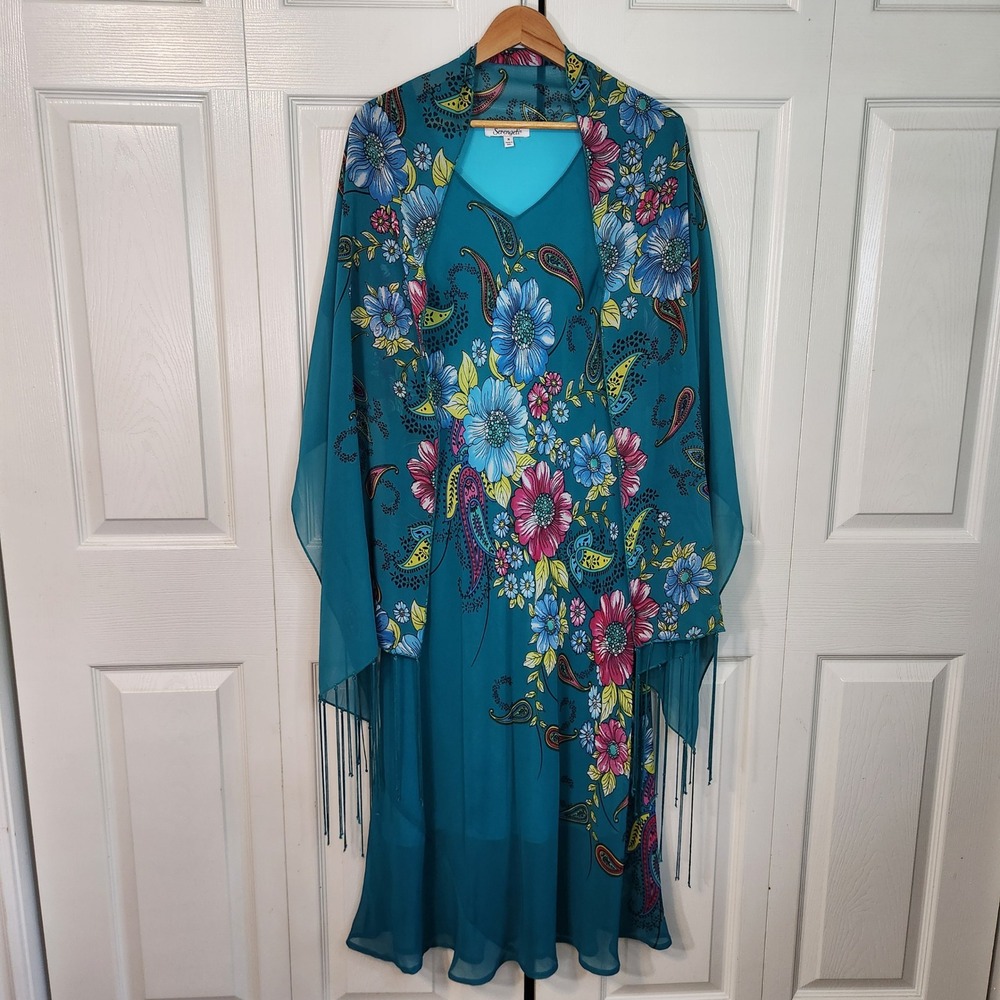 Serengeti Teal Floral Paisley Dress and Fringe Shawl Set Medium 2 Piece‎ Chiffon